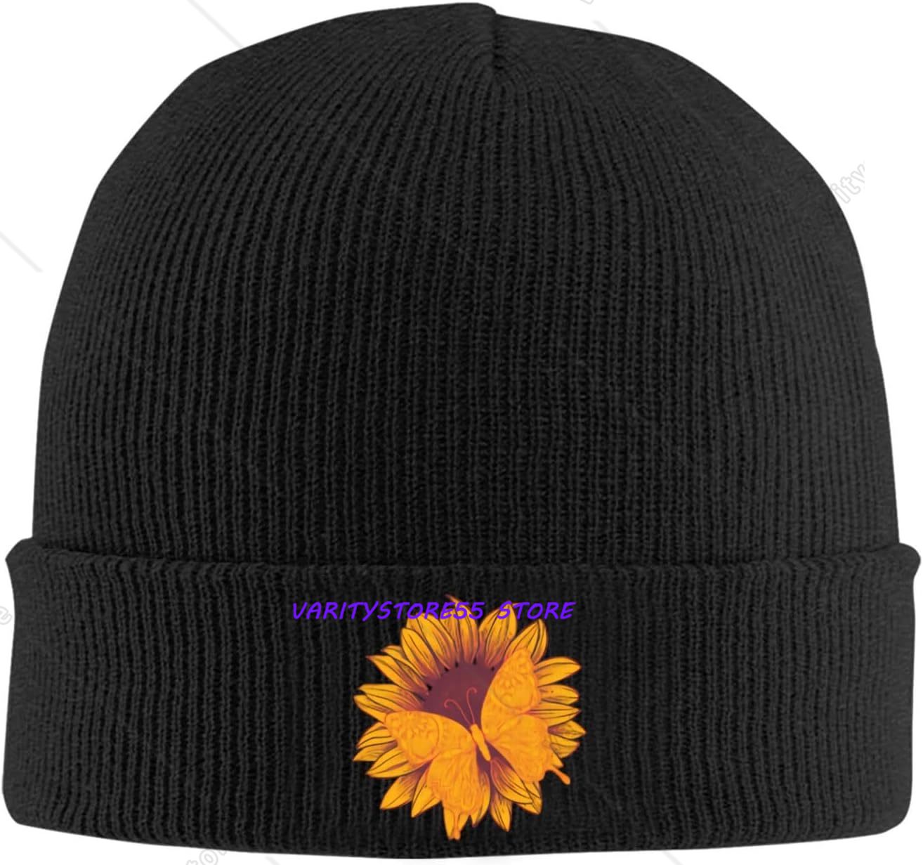 Beanie Cuffed Knit - Sunflower Butterfly Knit Beanie Hat for